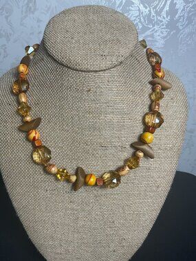 Boho Faux Amber Lucite Resin Statement Necklace Chunky Earthy Vintage Aesthetic
